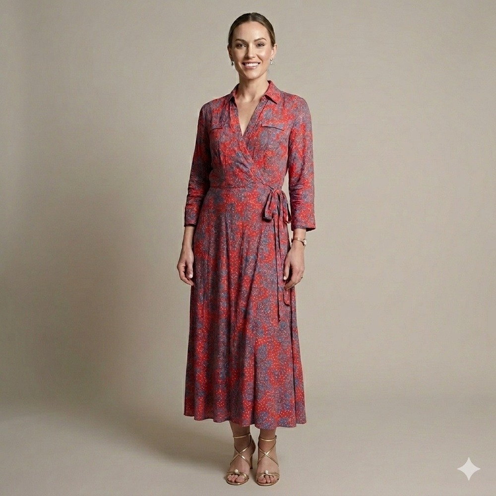 Diane von Furstenberg Red Floral Silk Cotton Spring Midi Dress Medium Collared